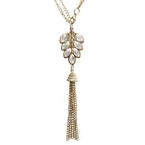 Vintage Gold Tone Crystal Flower Leaf Fringe Necklace
